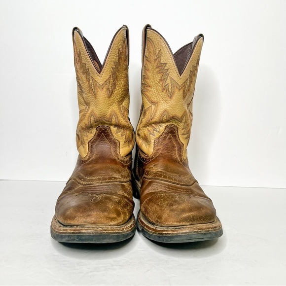 Justin Boots Brown Tan Leather Western Cowboy Boots Size 10 Decorative Stitching - Picture 3 of 6
